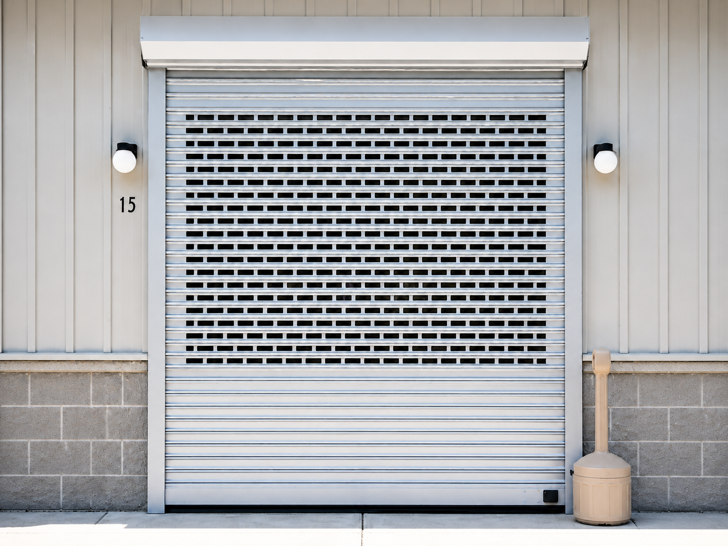 Perforated rolling shutter guide rail, bottom rail, and locking mechanism detail